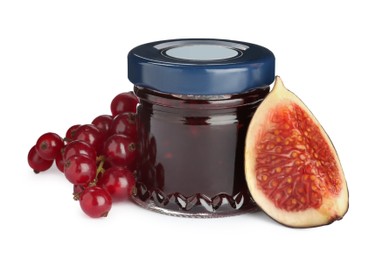 Jar of sweet jam and fresh ingredients on white background
