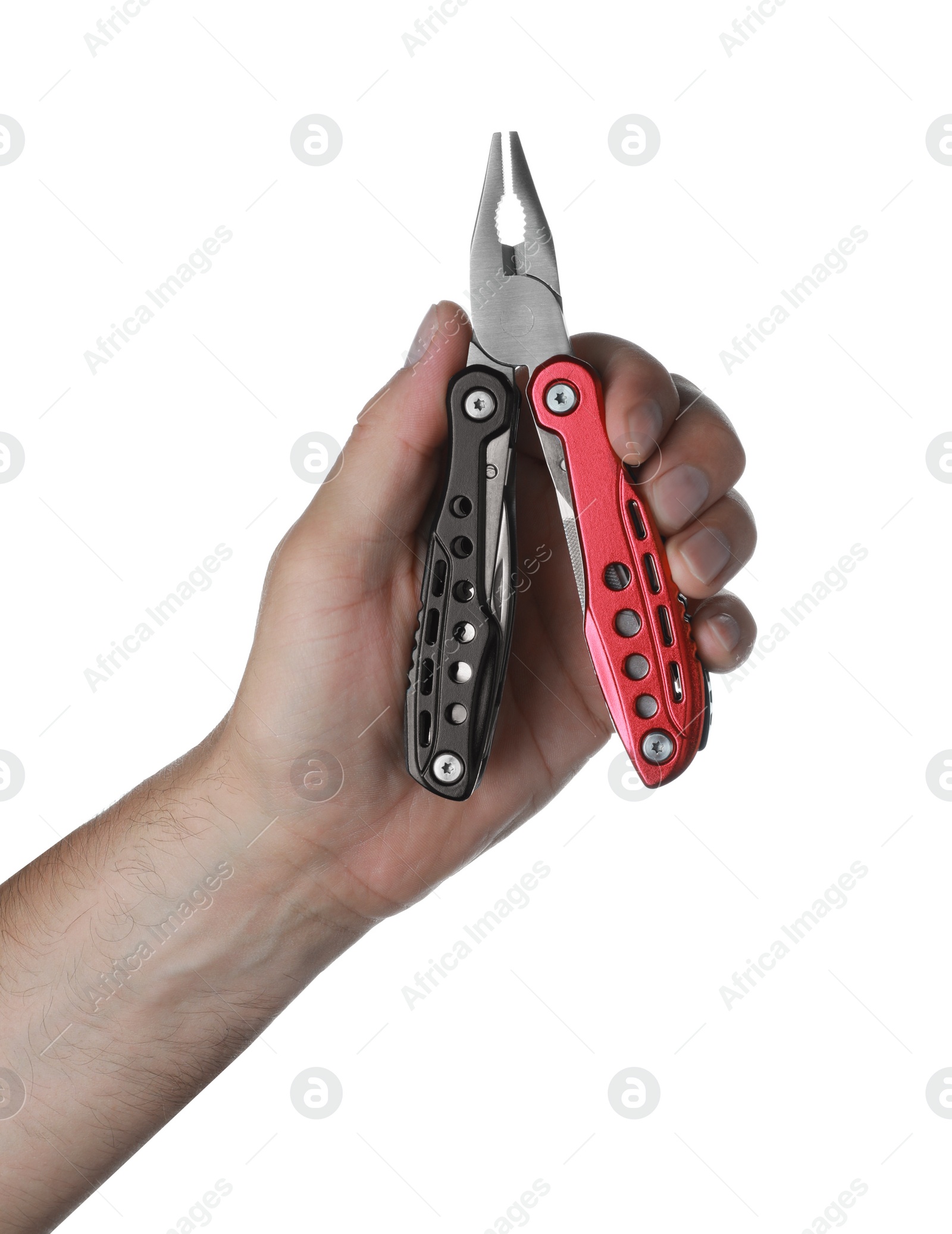 Photo of Man holding multitool on white background, closeup