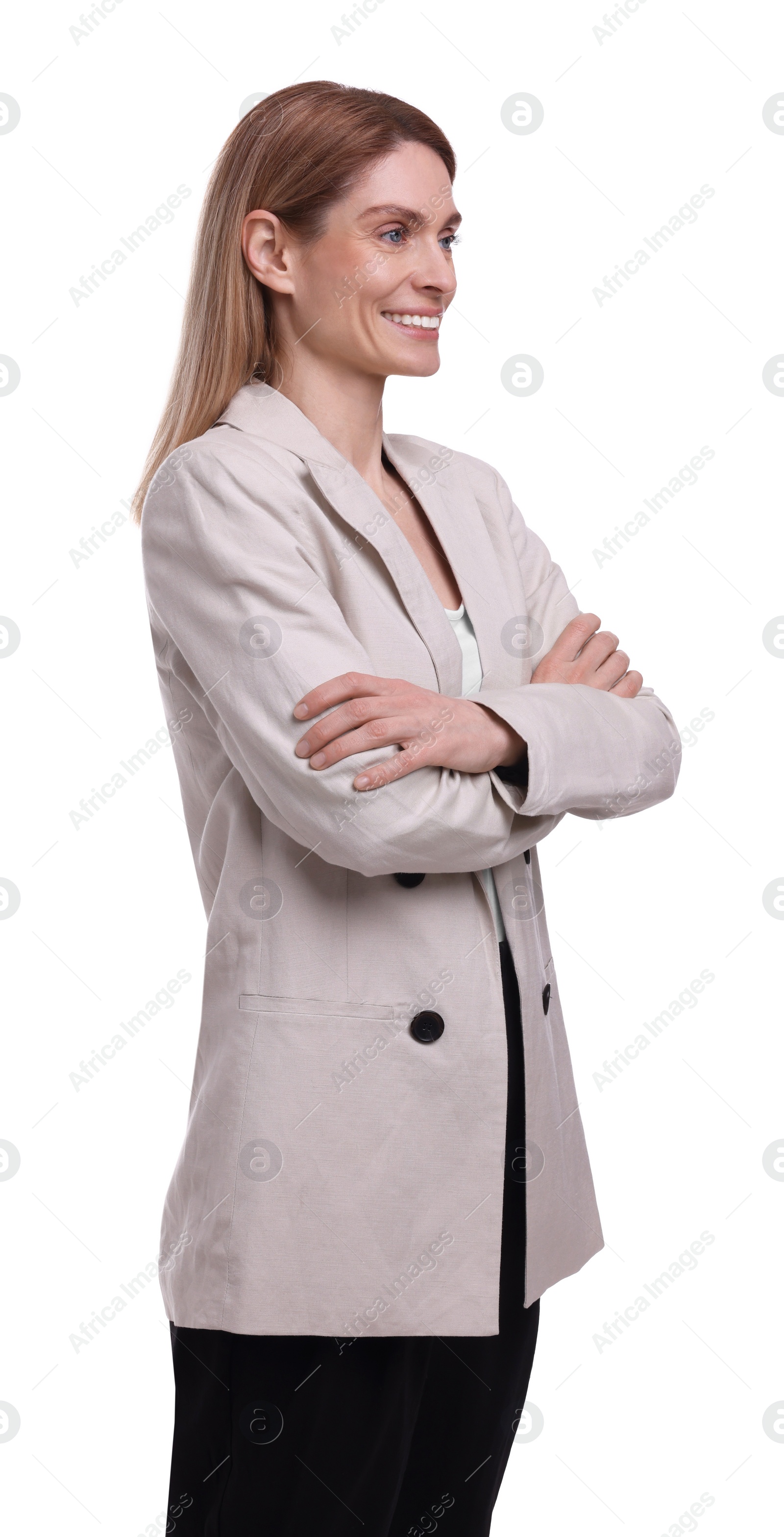 Photo of Beautiful happy businesswoman crossing arms on white background