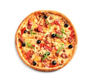 Photo of Delicious pizza with olives and sausages on white background