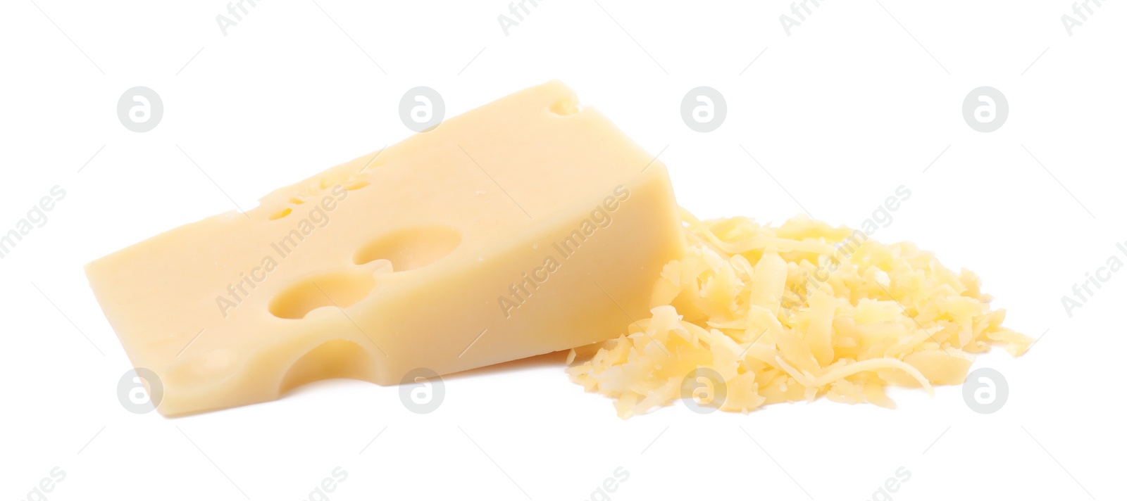 Photo of Grated and whole piece of cheese isolated on white