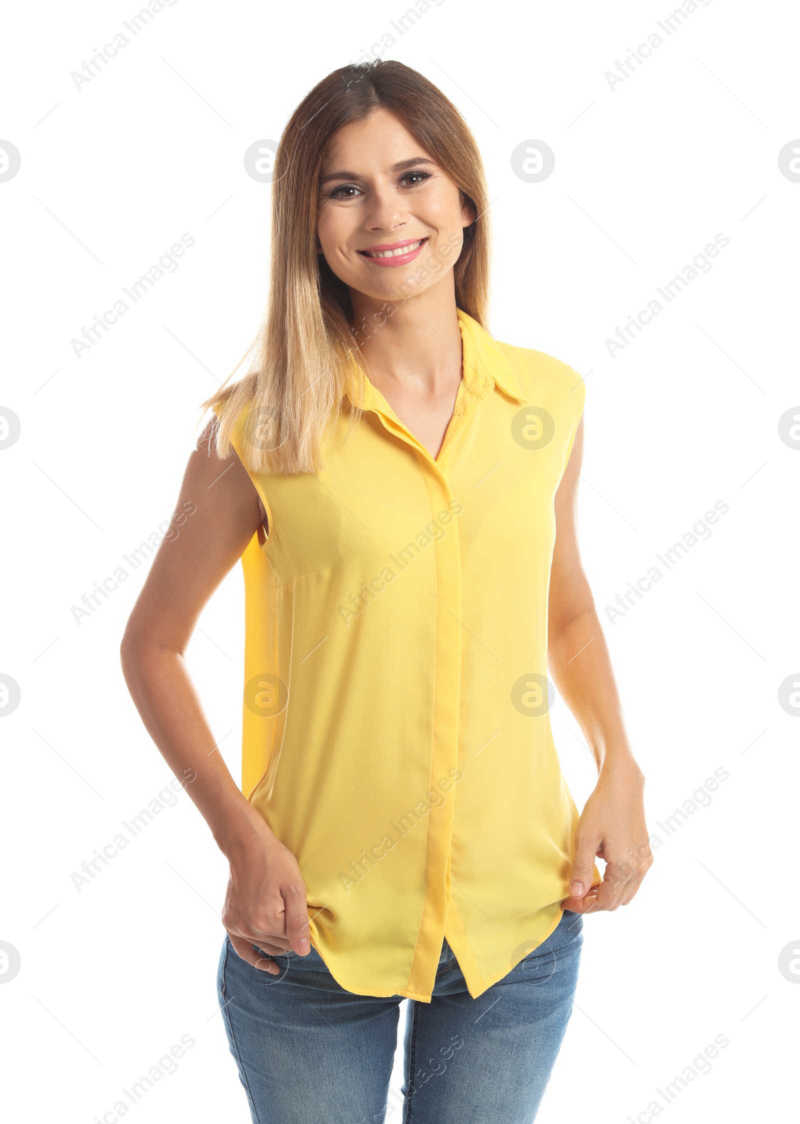 Photo of Portrait of beautiful woman on white background