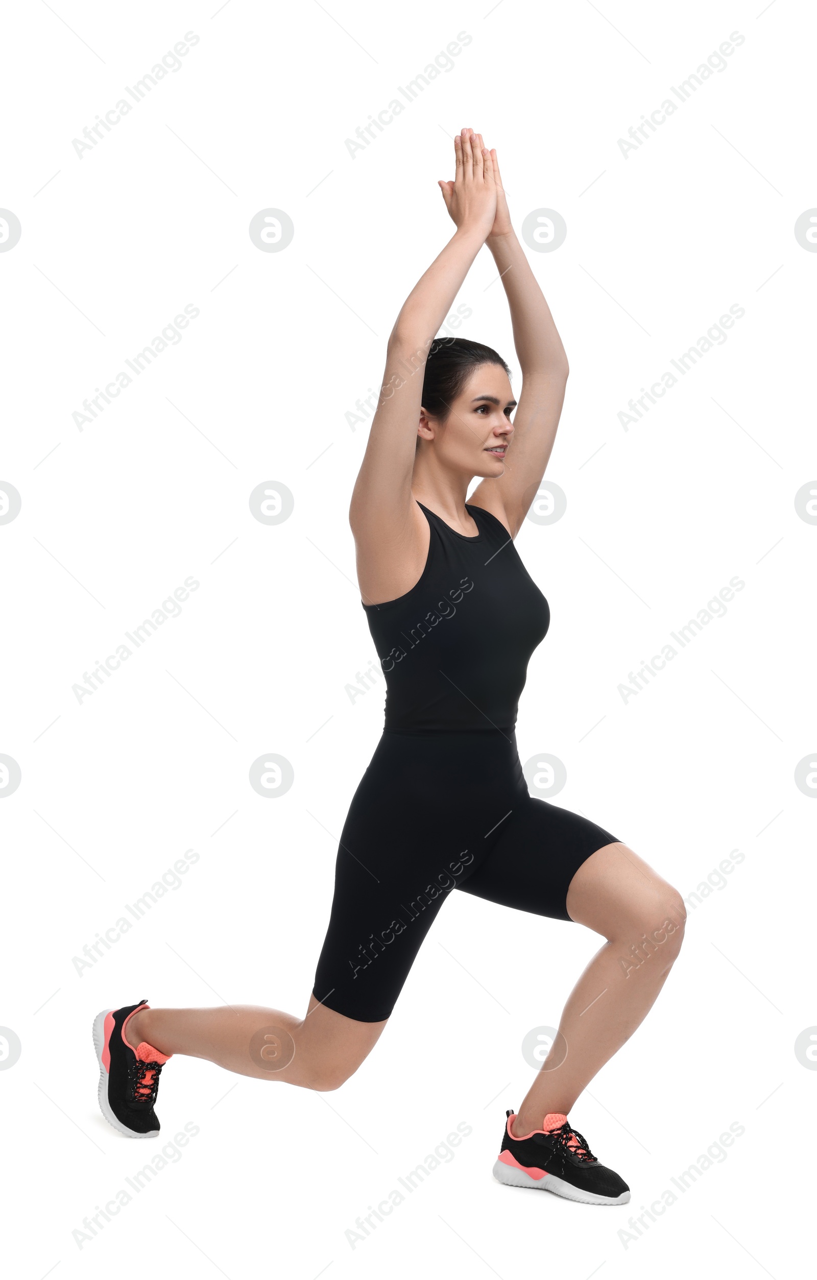 Photo of Woman doing morning exercise on white background