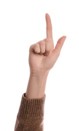 Photo of Woman pointing with index finger on white background, closeup