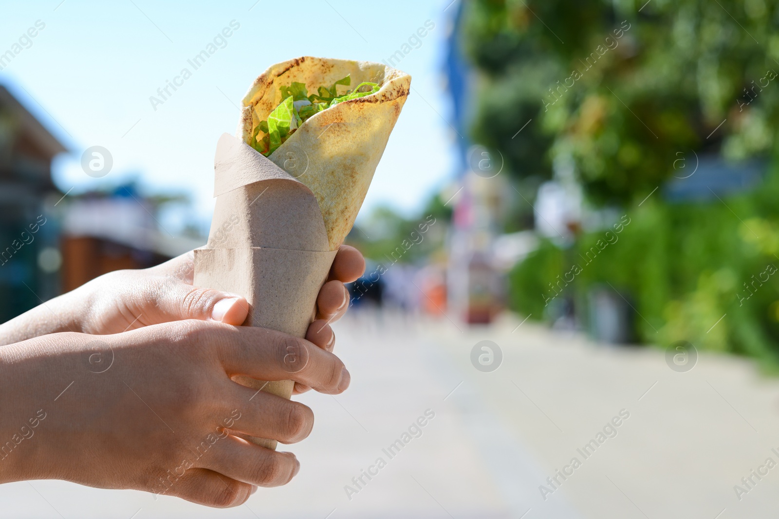 Photo of Woman holding delicious vegetable roll outdoors, closeup. Space for text