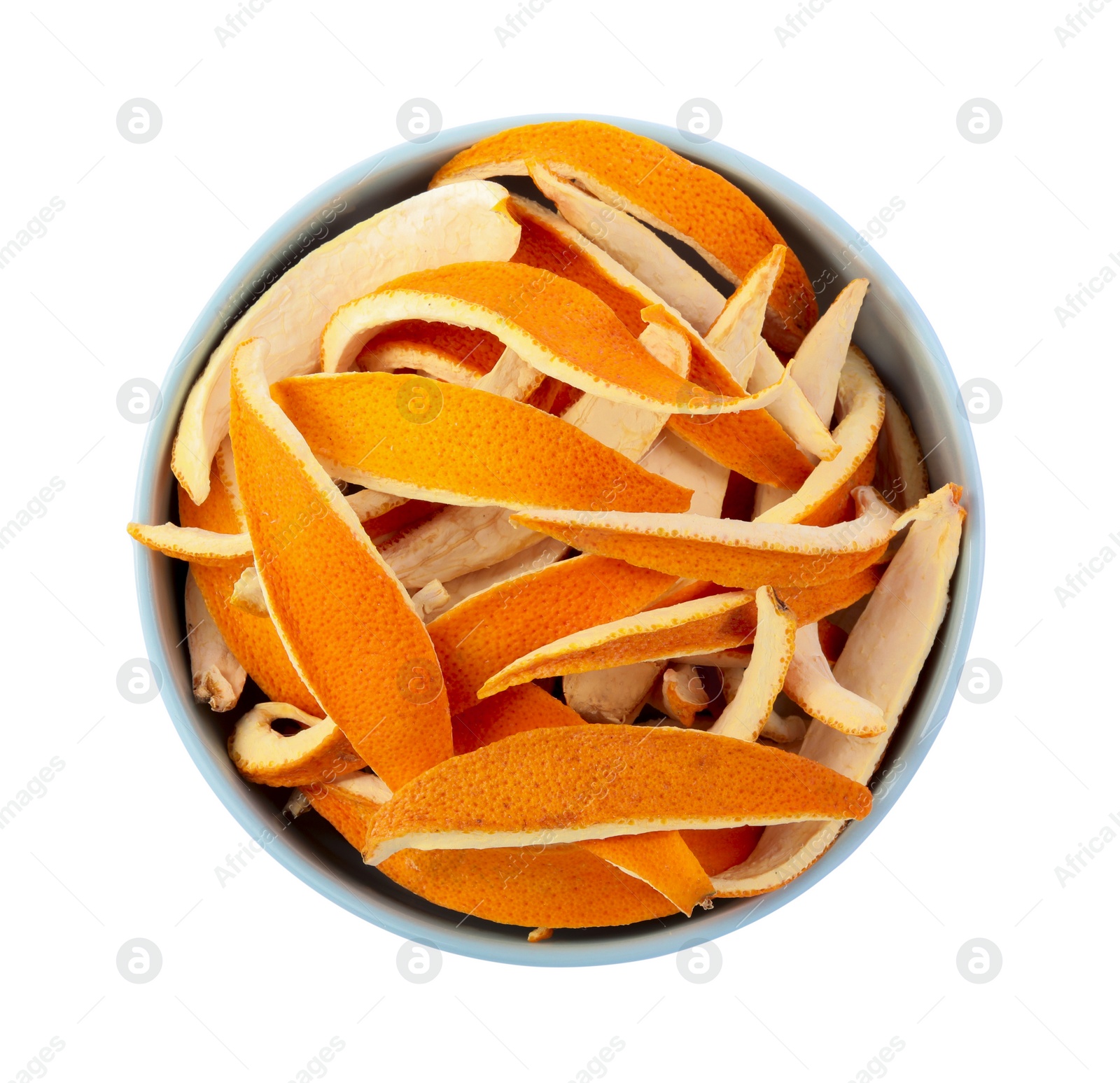 Photo of Bowl with dry orange peels isolated on white, top view
