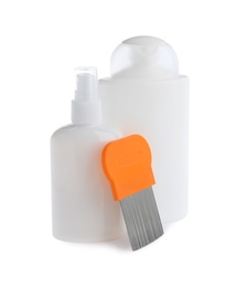 Photo of Products for anti lice treatment and metal comb on white background