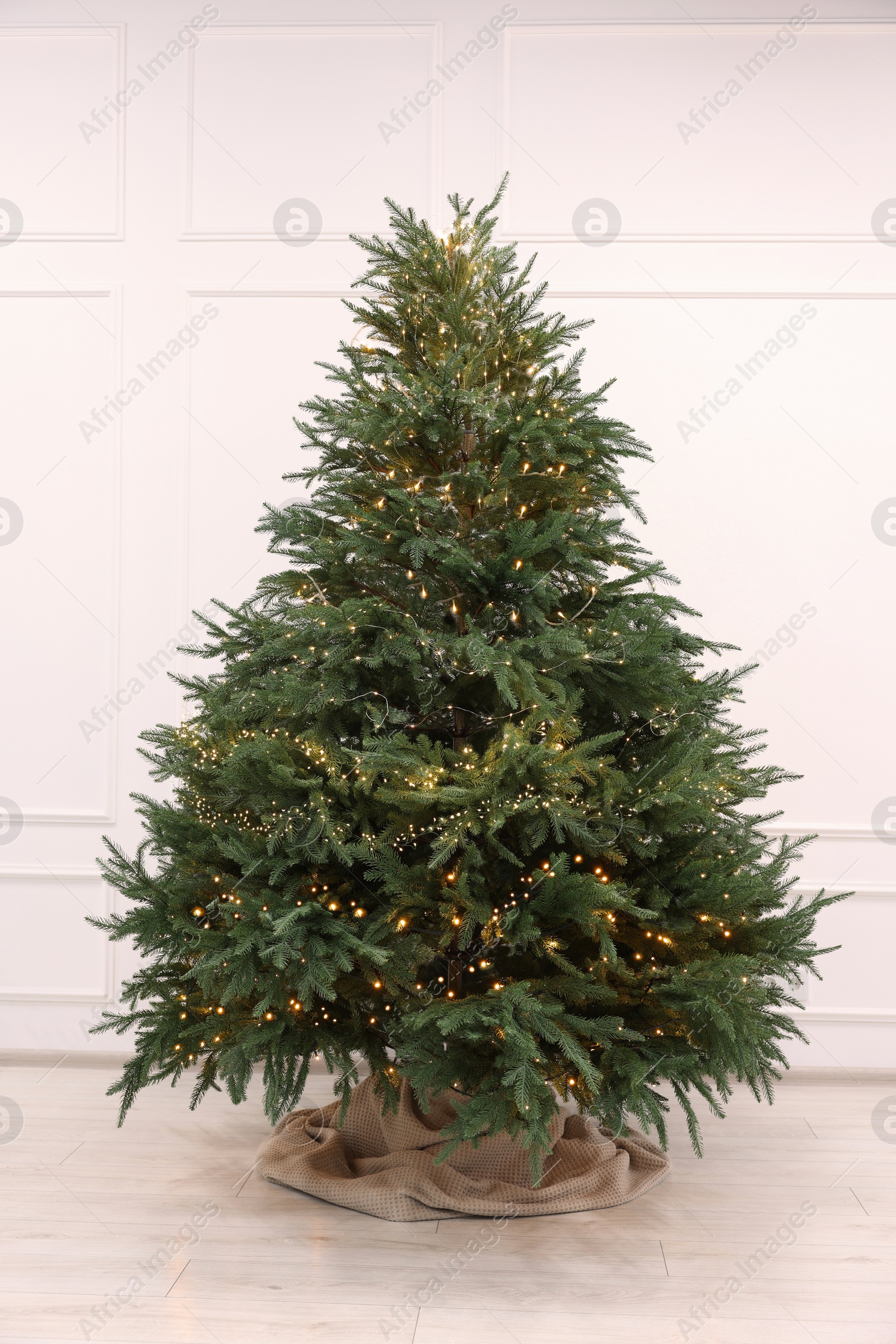 Photo of Beautiful Christmas tree decorated with festive lights near white wall indoors