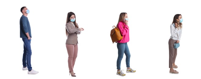 People with protective masks waiting in queue on white background, banner design. Social distancing during Covid-19 pandemic