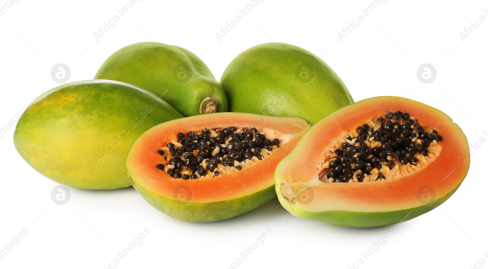 Photo of Fresh ripe papaya fruits on white background