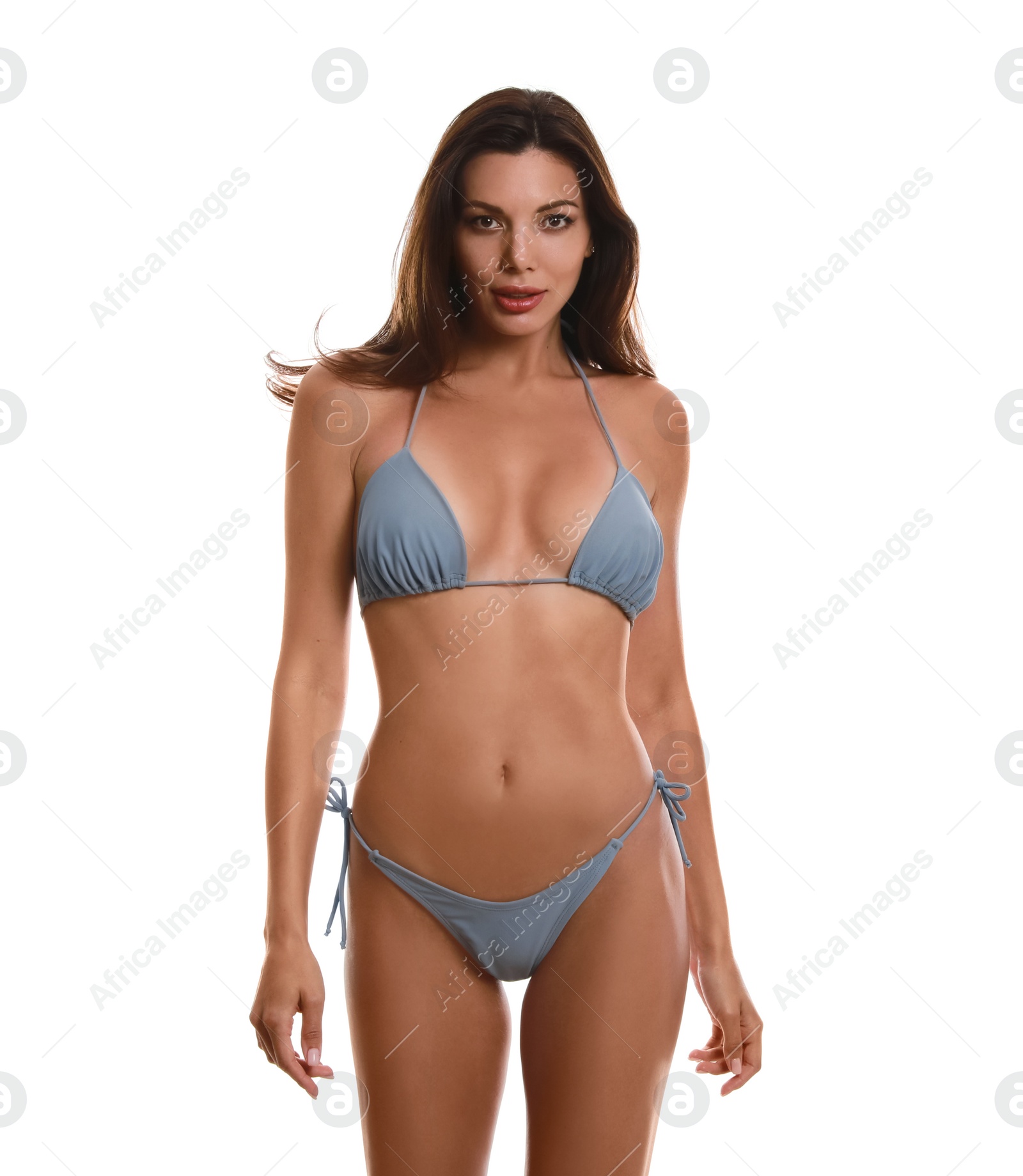 Photo of Beautiful woman in stylish bikini on white background