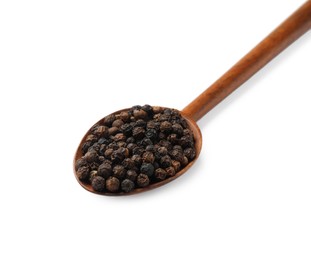 Photo of Aromatic spice. Many black peppercorns in spoon isolated on white