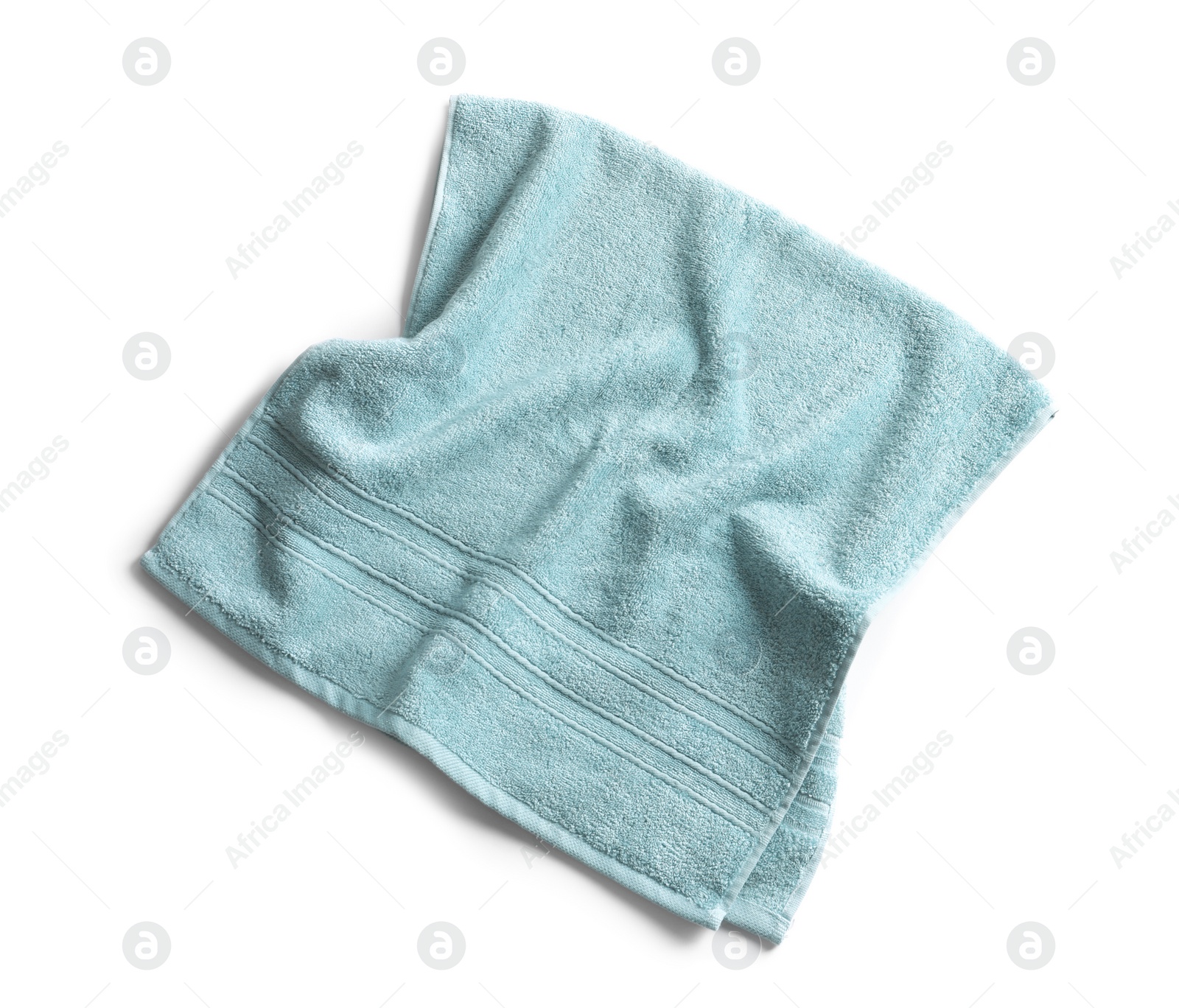 Photo of Clean soft terry towel on white background, top view