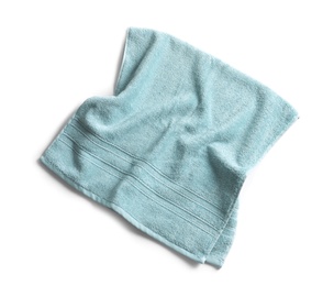 Photo of Clean soft terry towel on white background, top view