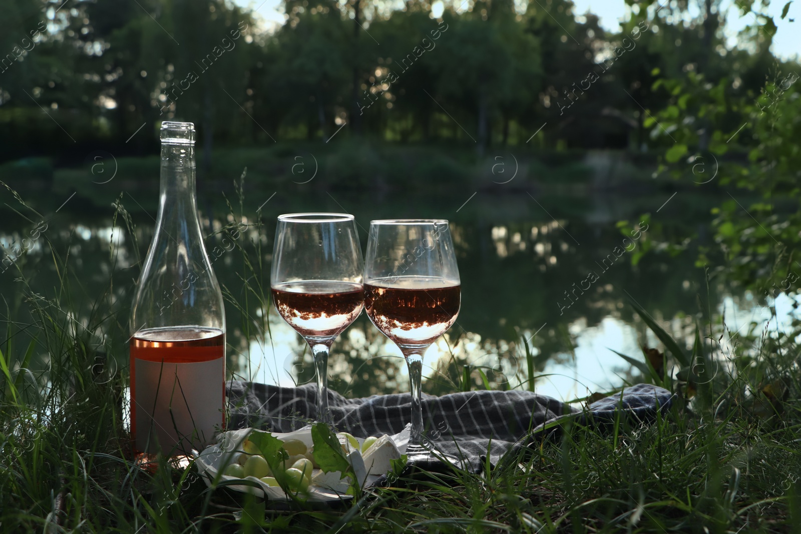 Photo of Delicious rose wine, cheese and grapes on picnic blanket near lake