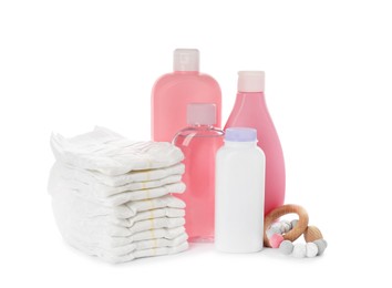 Set with different baby care products and dusting powder on white background
