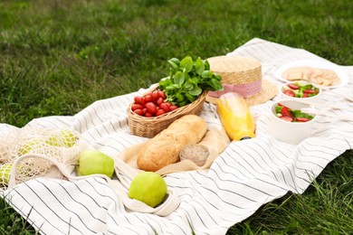 Photo of Picnic blanket with juice and food on green grass