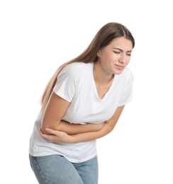 Photo of Woman suffering from stomach ache on white background. Food poisoning