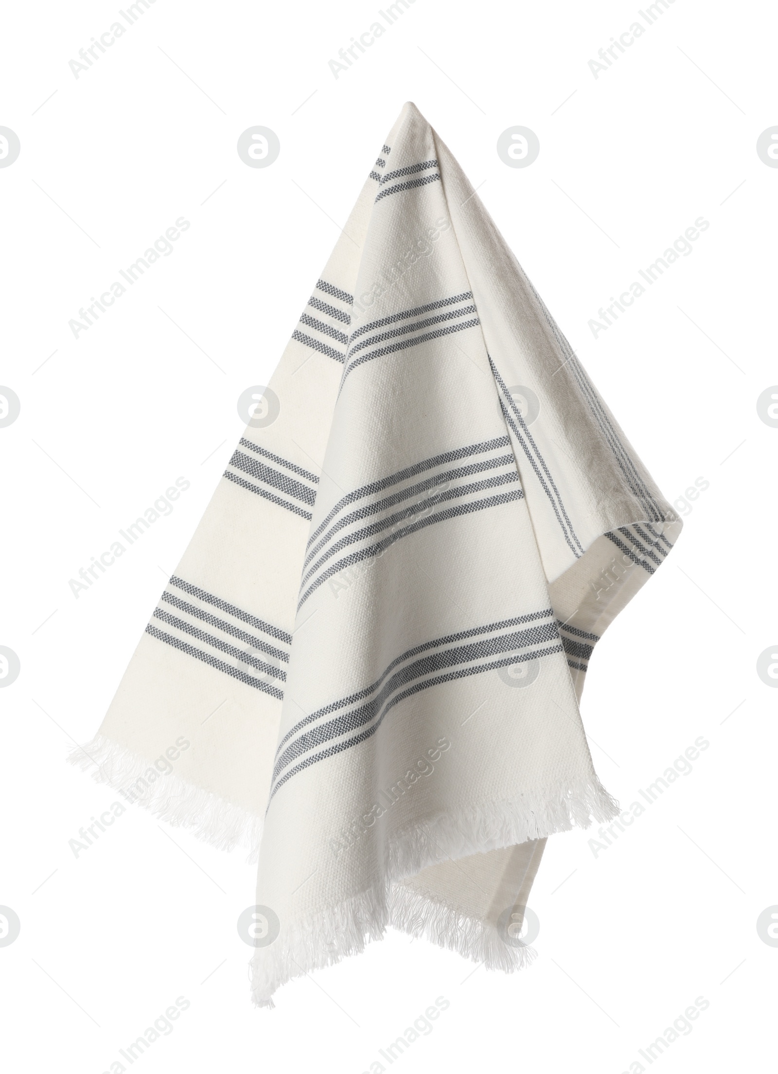 Photo of Clean kitchen towel hanging on white background