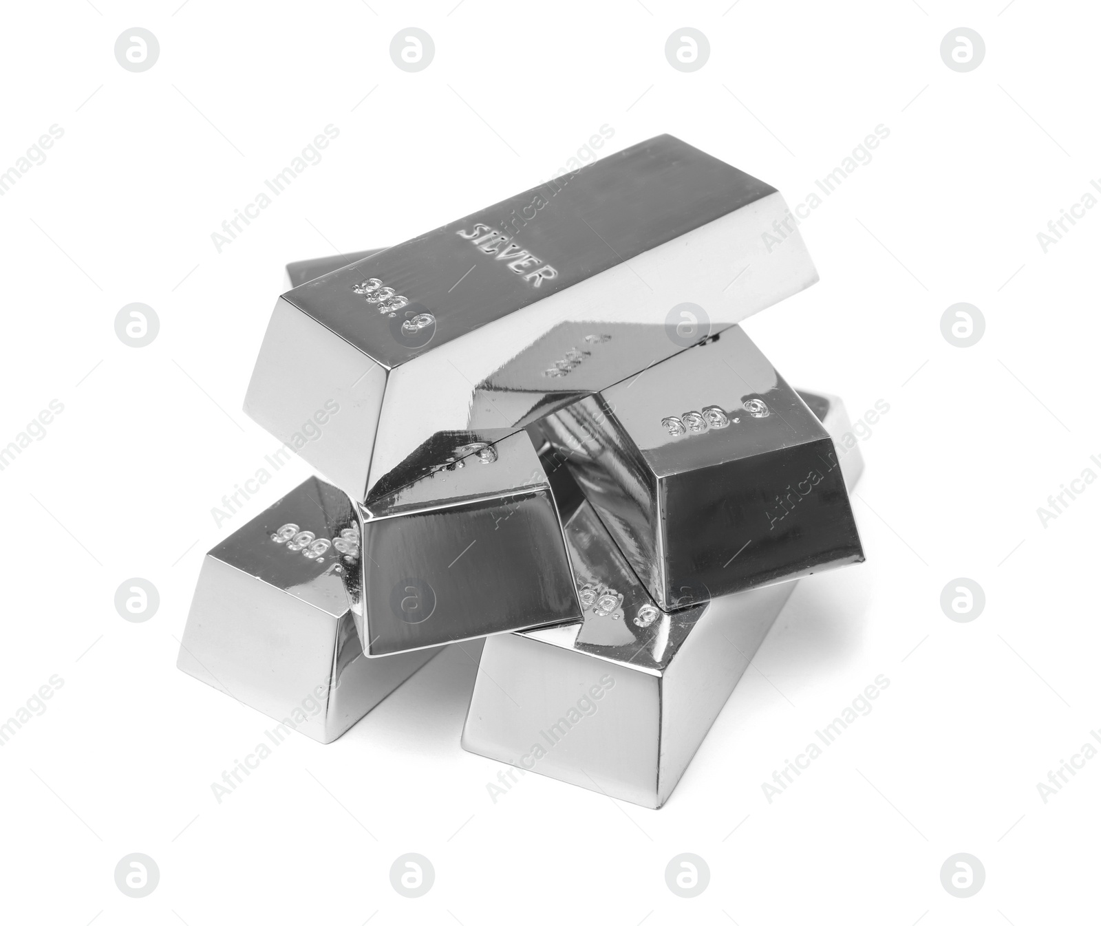 Image of Stack of shining silver bars isolated on white