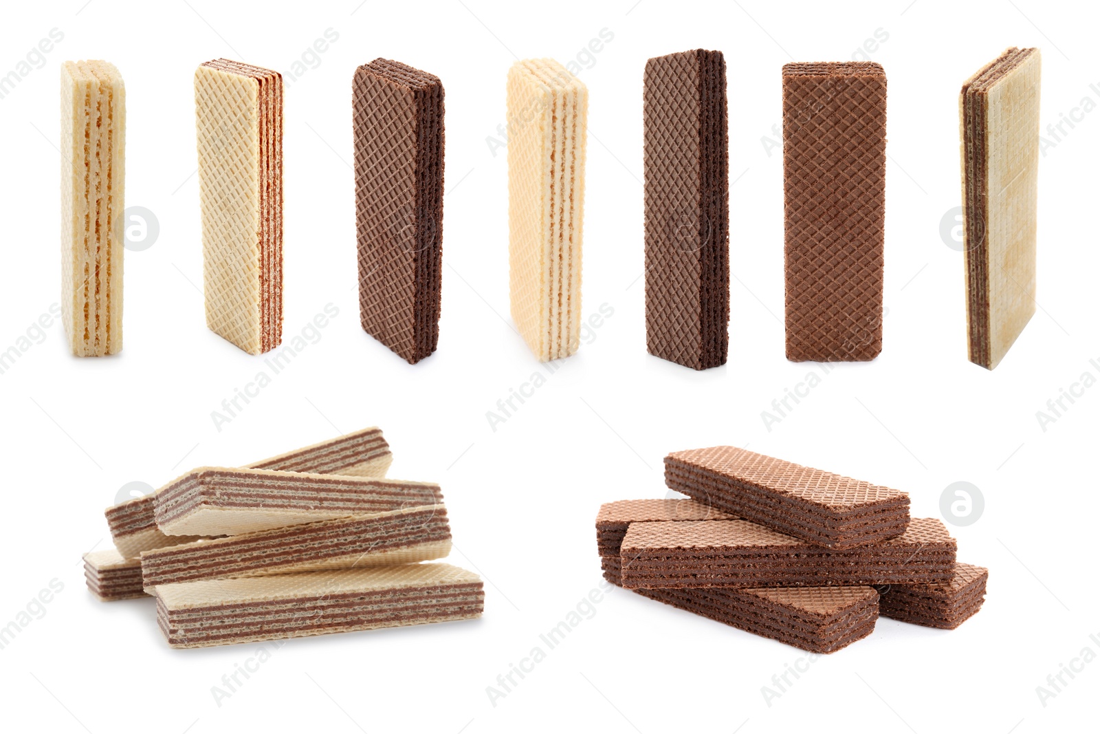 Image of Set of different delicious crispy wafers on white background. Sweet food