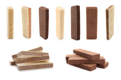 Image of Set of different delicious crispy wafers on white background. Sweet food