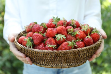Photo of Woman holding wicker basket with ripe strawberries outdoors, closeup