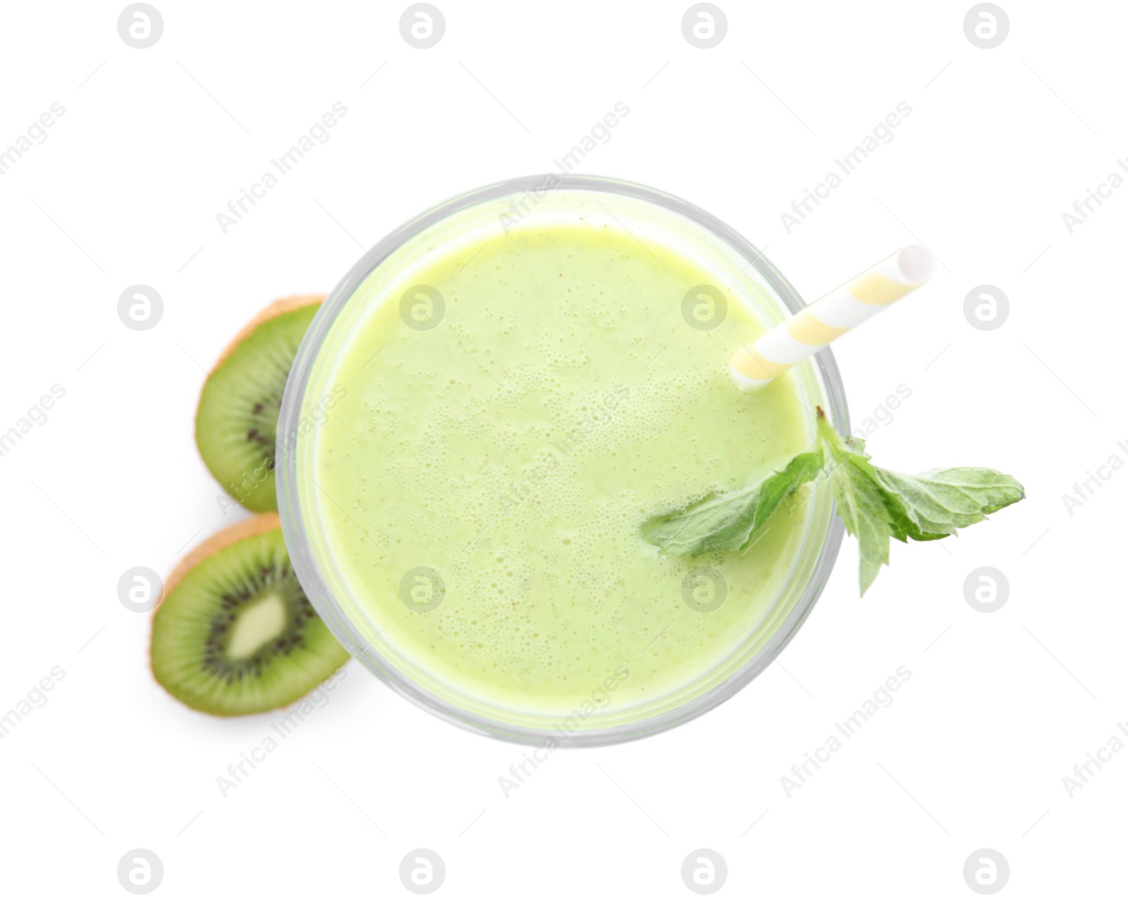 Photo of Tasty fresh milk shake and kiwi on white background, top view
