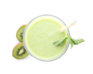 Tasty fresh milk shake and kiwi on white background, top view