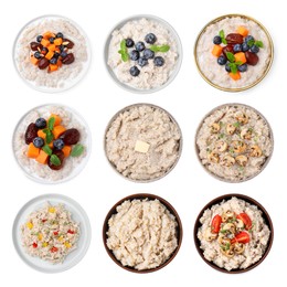 Image of Set of cooked barley groats in bowls on white background, top view