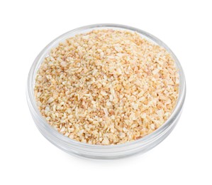 Photo of Dehydrated garlic granules in bowl isolated on white