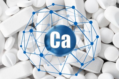 Image of Calcium supplement pills as background, closeup view