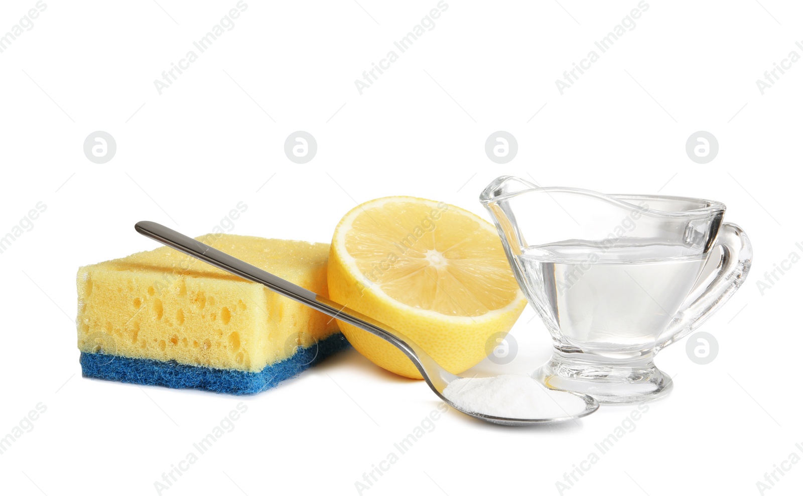 Photo of Composition with vinegar, lemon and baking soda on white background. House cleaning