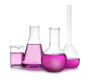 Photo of Laboratory glassware with purple liquid on white background