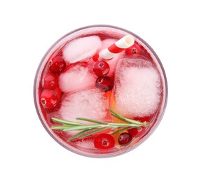 Photo of Tasty refreshing cranberry cocktail isolated on white, top view