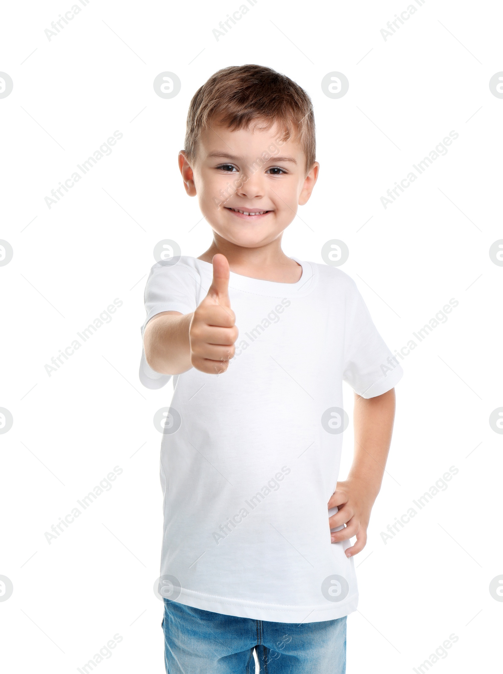 Photo of Little boy in t-shirt on white background. Mockup for design