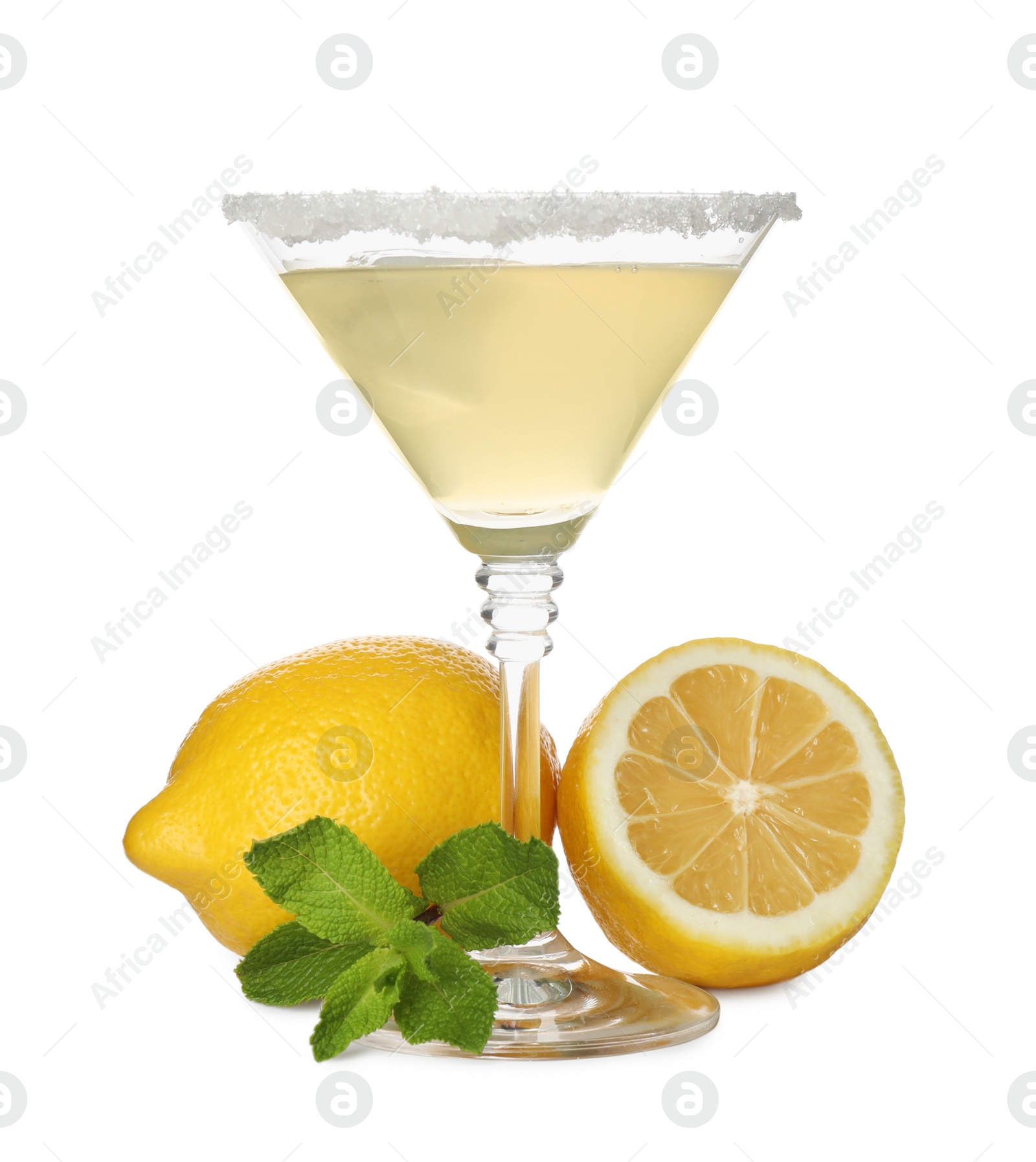 Photo of Lemon drop martini cocktail and fresh fruits on white background