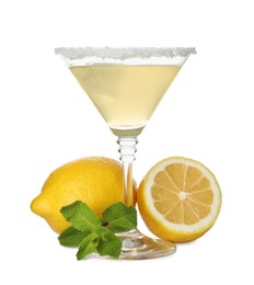 Photo of Lemon drop martini cocktail and fresh fruits on white background