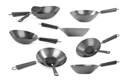 Image of Empty metal woks isolated on white, set