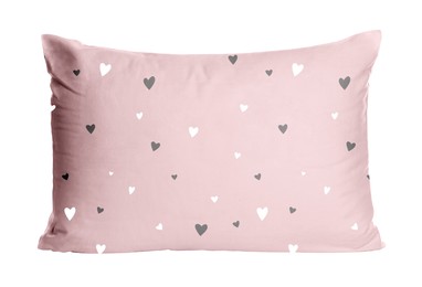 Image of Soft pillow with printed hearts isolated on white