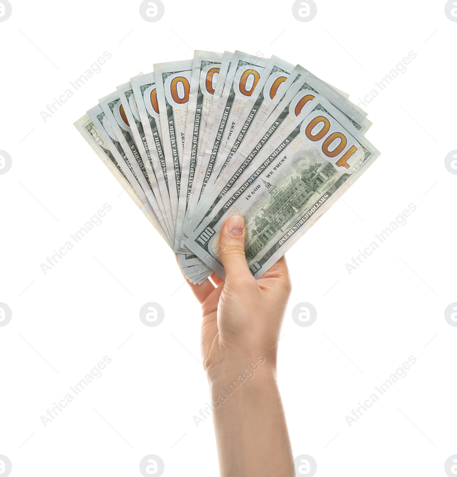 Photo of Woman with money on white background, closeup