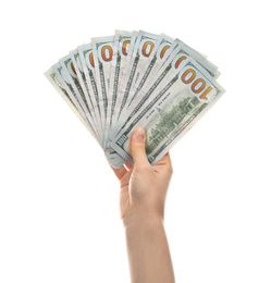 Photo of Woman with money on white background, closeup