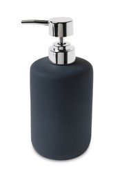 Photo of Bath accessory. Dark blue liquid soap dispenser isolated on white
