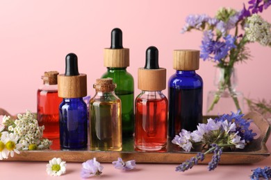 Photo of Aromatherapy. Different essential oils and flowers on pink background