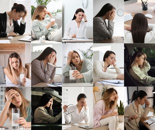 Image of Collage with different photos of tired women