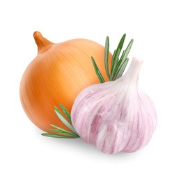 Image of Garlic, yellow onion and rosemary isolated on white