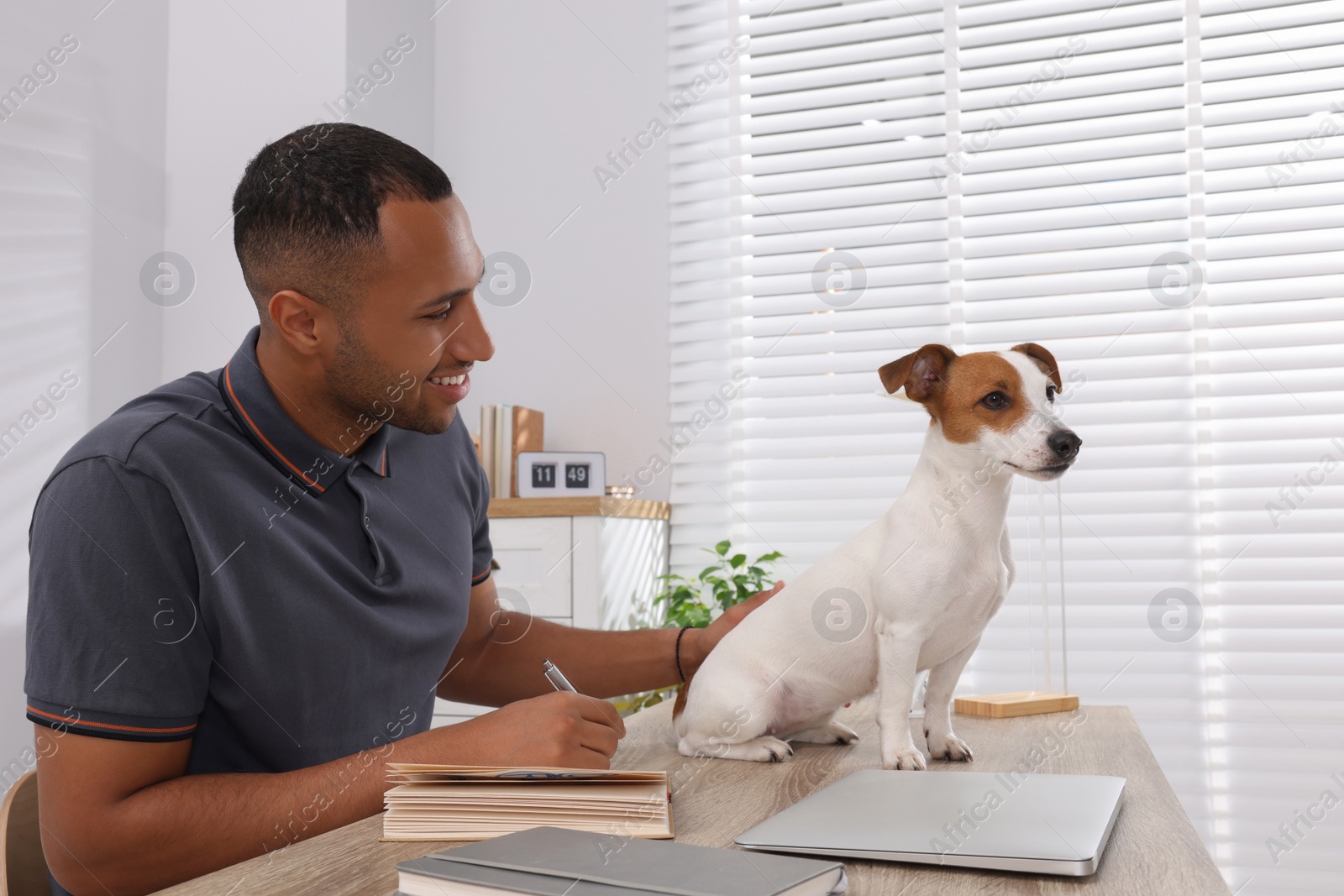 Photo of Young man with Jack Russell Terrier working at desk in home office