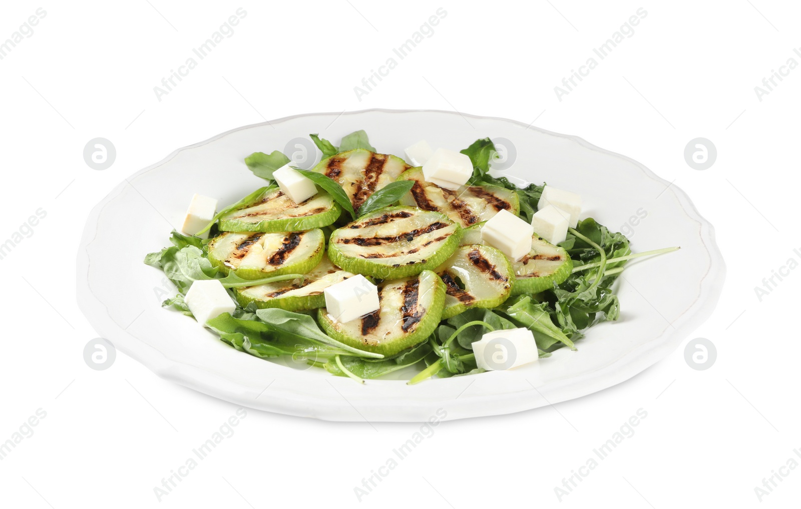 Photo of Delicious grilled zucchini slices and feta cheese on white background