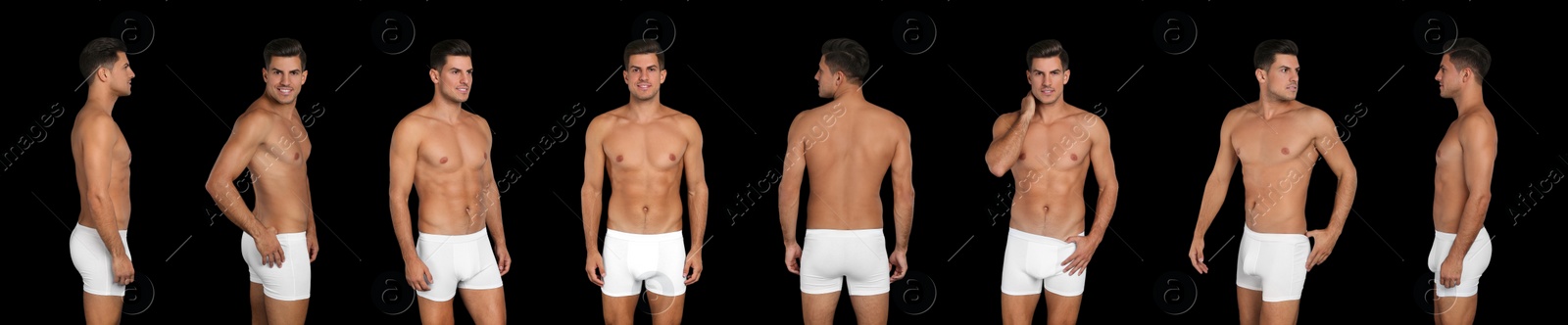 Image of Collage of man in underwear on black background. Banner design 