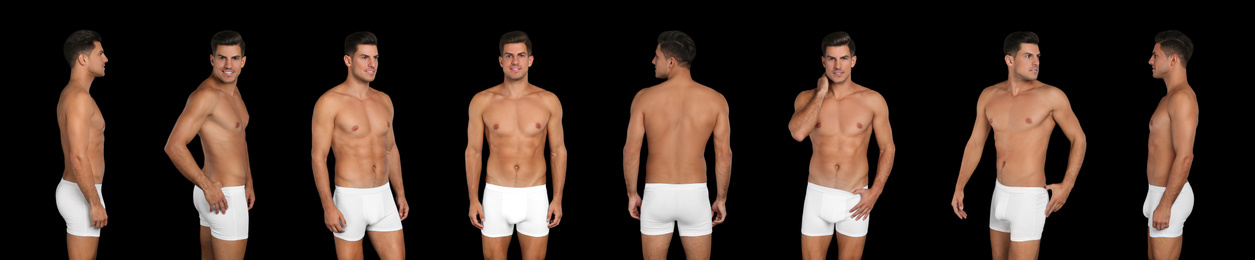 Collage of man in underwear on black background. Banner design 